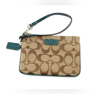 Coach Canvas Signature C Wristlet in Brown and Teal EUC